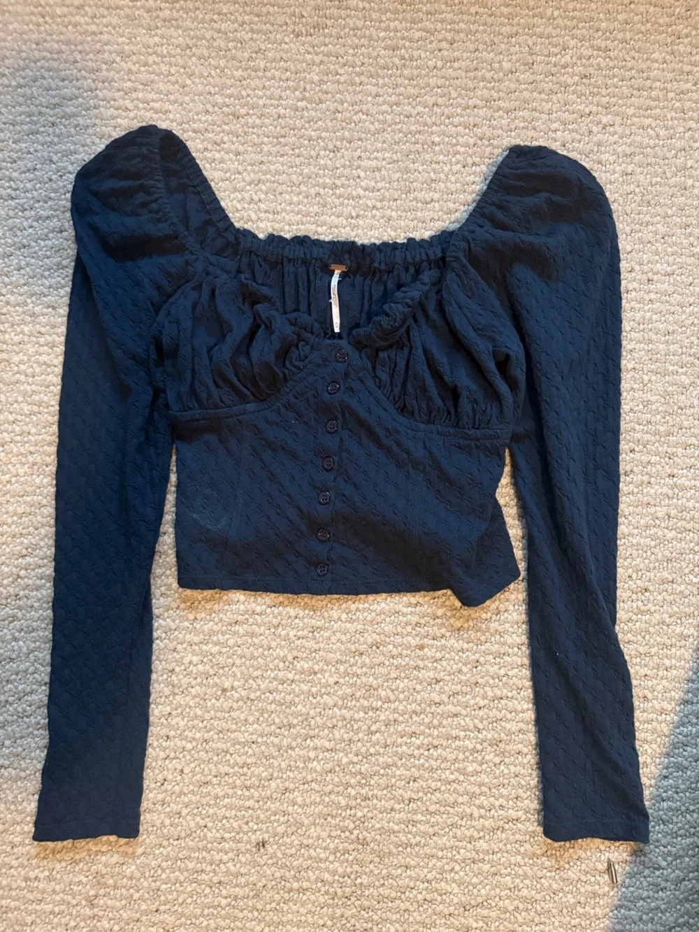 Free People Navy Ruched Square-Neck Button Crop Top